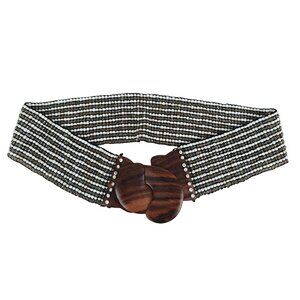 Vintage Handcrafted Beaded Stretch Belt With Wooden Buckle Women's One Size